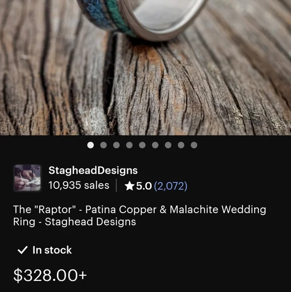 Handmade Petina Crushed Copper and Malachite Titanium Mens Wedding Ring sz9 - Picture 8 of 9